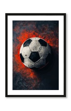 Old worn out soccer ball resting on grunge background with red explosions