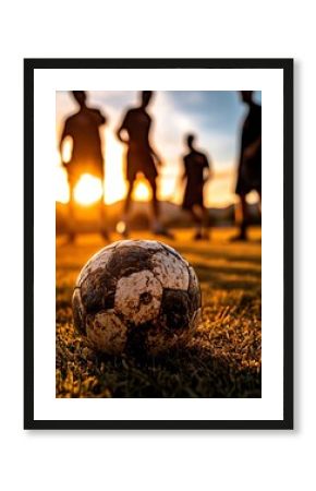 A sunset silhouette of players practicing soccer, with a close-up of a worn, dirty soccer ball on the grass.