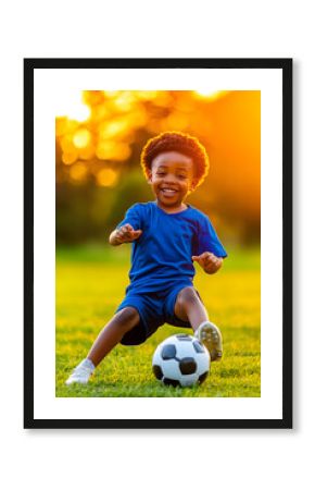 African child boy in a blue uniform playing with a soccer ball on the field, smiling brightly.