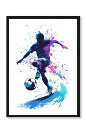 Dynamic abstract painting of a soccer player kicking a ball with splashes of blue paint