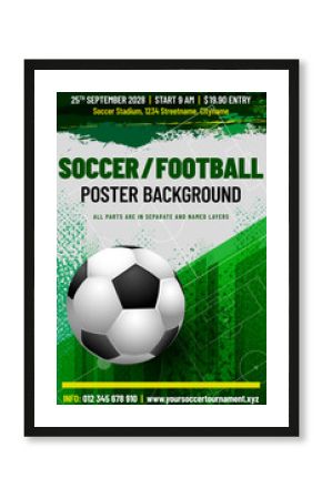 Soccer or football tournament poster template with ball and grungy abstract playground