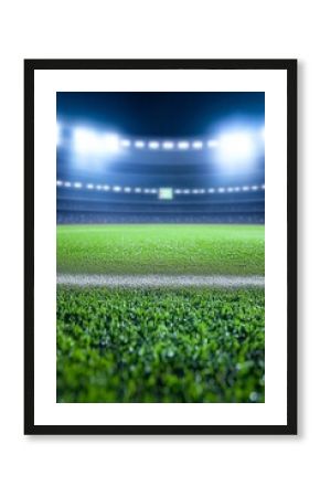 Low angle vertical view of a soccer stadium at night ready for competition