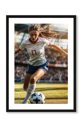 girl playing soccer in a stadium. women's soccer concept