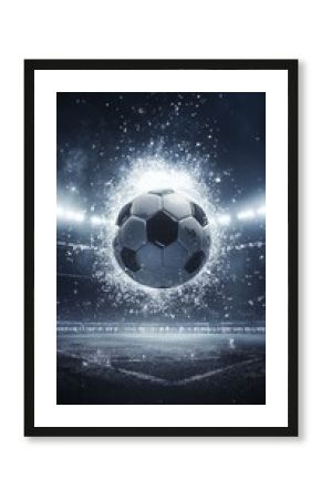A soccer ball is suspended in midair, surrounded by a field of white