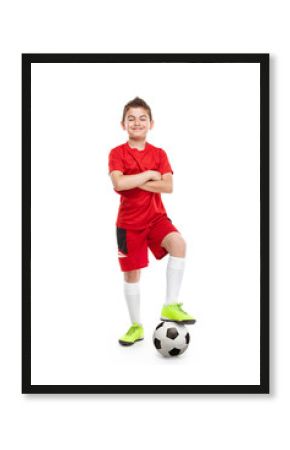 standing young soccer player with football