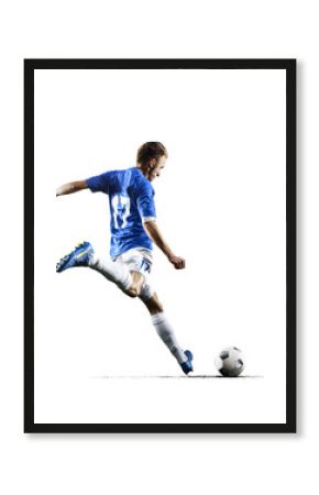 Professional football soccer player in action isolated white background
