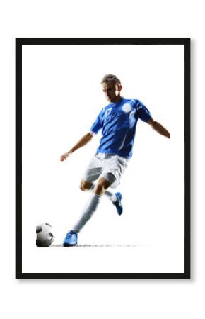 Professional football soccer player in action isolated white background