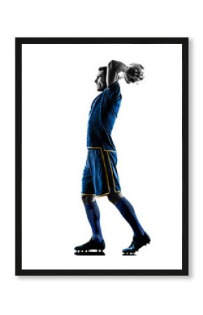 one caucasian soccer player man playing in silhouette isolated on white background