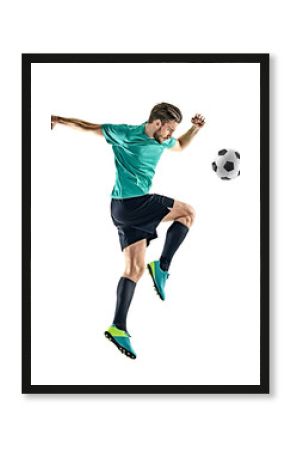 one caucasian soccer player man isolated on white background