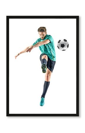 one caucasian soccer player man isolated on white background