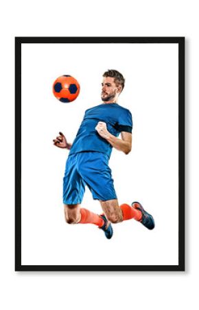 one caucasian youg soccer player man standing in studio isolated on white background