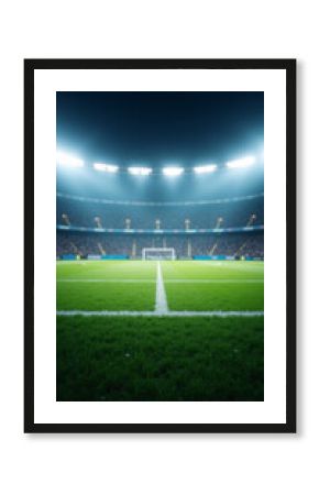 An Empty stadium at night with the field under a stadium light, with a clear view of the goal. This photo captures the excitement and anticipation of a major game