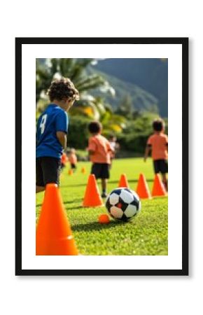 Young soccer player training on lush green field with orange cones, focusing on skill development during dynamic outdoor practice session with mountain backdrop