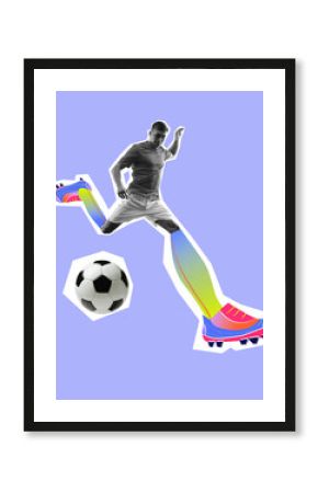 Poster. Conceptual art design. Footballer leaps into kick with stylized cleats and dramatic pink background. Concept of professional sport, active lifestyle, movement, betting, game.