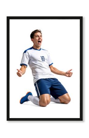 Excited soccer player celebrating his goal while sliding on his knee