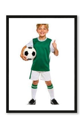 Thumbs up from young boy in green soccer uniform, smiling cheerfully