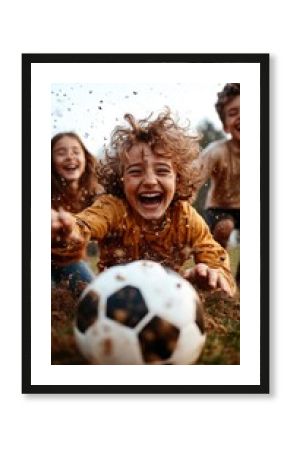 Kids joyfully playing soccer and having fun in muddy field during afternoon