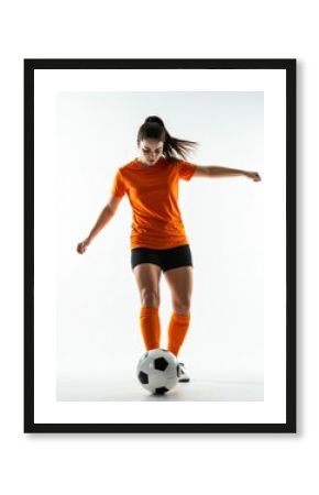 Female Forward Kicking the Ball Powerfully, Isolated