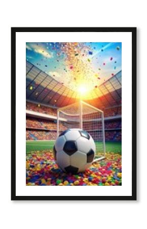 Vibrant soccer ball sitting atop a goal with bright highlights and colorful confetti scattered around it in a bustling stadium