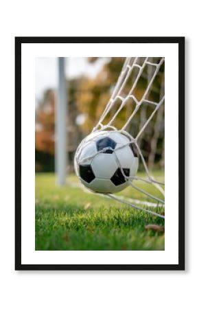 A soccer ball caught in the net at a moment of impact