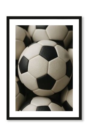 A close up view of a pile of classic black and white soccer balls stacked up