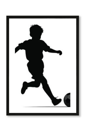 A silhouette of a young boy kicking a soccer ball with his right foot against a white background