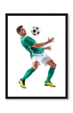 Pro male football player doing a ball control with his chest on isolated background