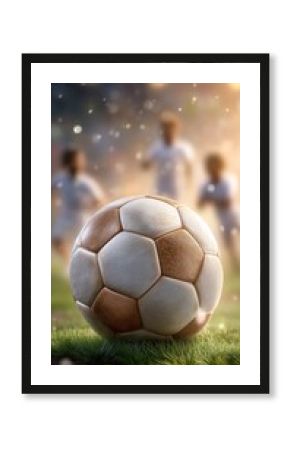 Vintage soccer ball on sunlit grass with playful silhouettes