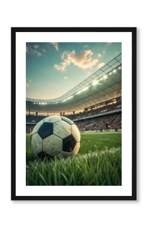 Soccer ball rests on green stadium grass against a backdrop of a packed stadium