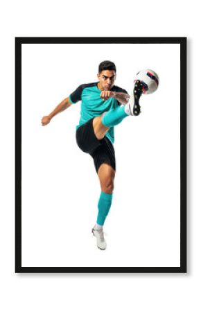 A professional soccer player executing a high volley kick. A dynamic footballer in a teal uniform connecting with the ball mid air for a powerful shot. Transparent PNG action shot.