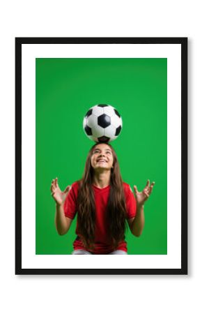 Little girl balancing soccer on her head on green background