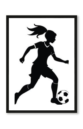 Vector silhouette of a female soccer player dribbling a ball with white background.