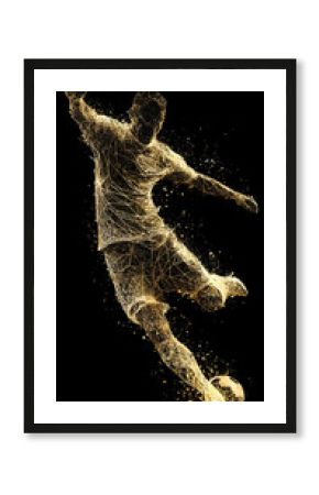 dynamic football player silhouette while a ball kicking  abstract artistic motion design made of gold particles