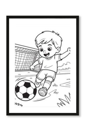Cute boy playing with ball in the field black vector line art illustration for coloring book design