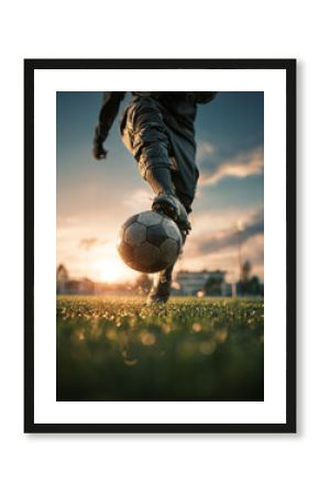 A soccer player dribbling a ball on a grass field with a sunset in the background on a cloudy day