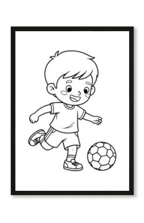 cute boy playing soccer cartoon outline illustration