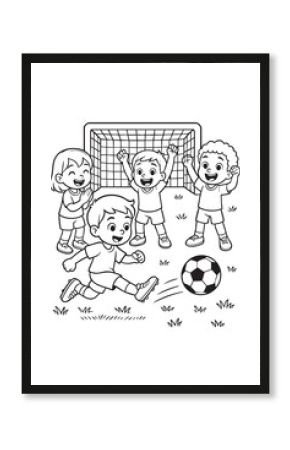 Coloring page featuring children playing soccer with goalpost and ball in black outline. concept of kids activities, sports for children, fun play, team sports, art for kids