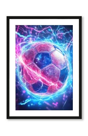 Energetic soccer ball surrounded by vibrant electric lights.