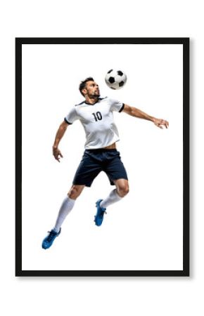 Male soccer player doing a powerful header onto a ball with his head