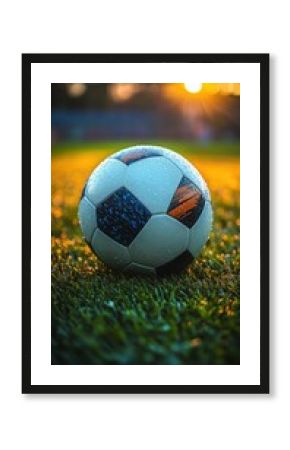 A soccer ball on grass with a sunset in the background