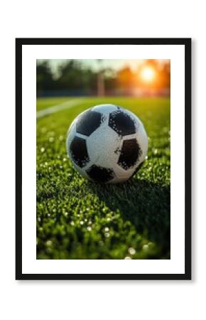 A soccer ball sitting on a green grass field at sunset
