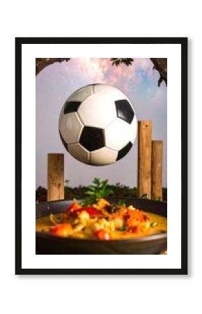 A soccer ball floats above a bowl of vibrant, colorful food, set against a whimsical backdrop of a tree and a dreamy sky