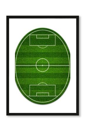 Oval-shaped aerial view of a soccer field with marked lines