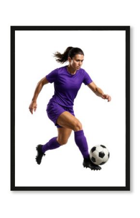 Female soccer player in purple kit dribbling a ball.