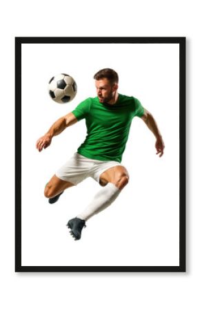 Football player in green jersey performing midair volley kick.