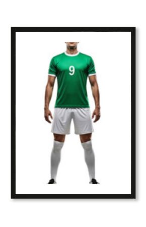 Full body portrait of a professional male soccer player in a green jersey standing confidently isolated on a white background