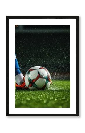 Soccer player kicking ball on wet green grass, water splashing around. Action shot of a football game and sport.