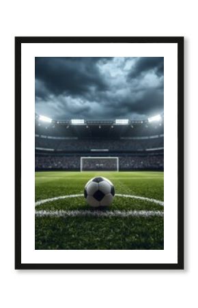 Soccer ball on penalty spot stadium lights stadium stands goal net green grass pitch dramatic cloudy sky anticipation of a penalty kick game sport