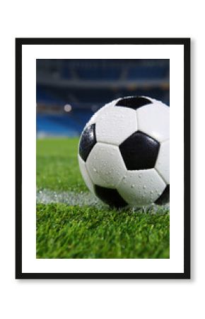 Close-up of a rain-covered soccer ball resting on a lush green field, with a blurred stadium background creating a dramatic and atmospheric mood, perfect for sports, competition, or victory themes.