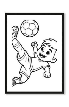 Cute cartoon boy playing soccer, black and white coloring page, happy kid kicking football, fun sports activity illustration for children